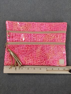 Metallic Hot Pink Textured Multi Zipper Cosmetic Bag Pouch with Peach Patch